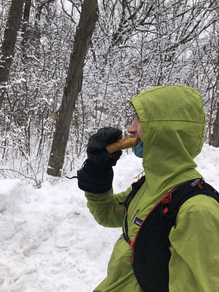 eating whole foods on a long run on trails in madison